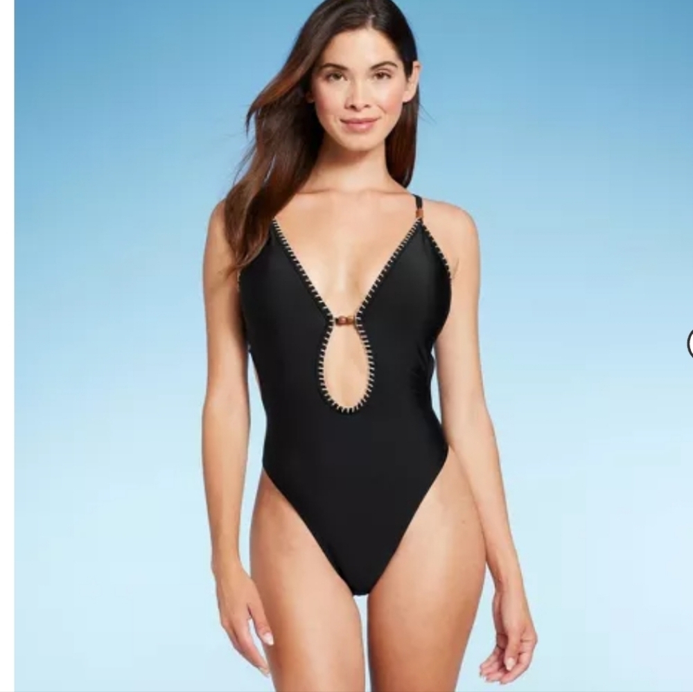 Shade & Shore™ Women's Plunge Bead Detail Extra High Leg One Piece Swimsuit Sz S